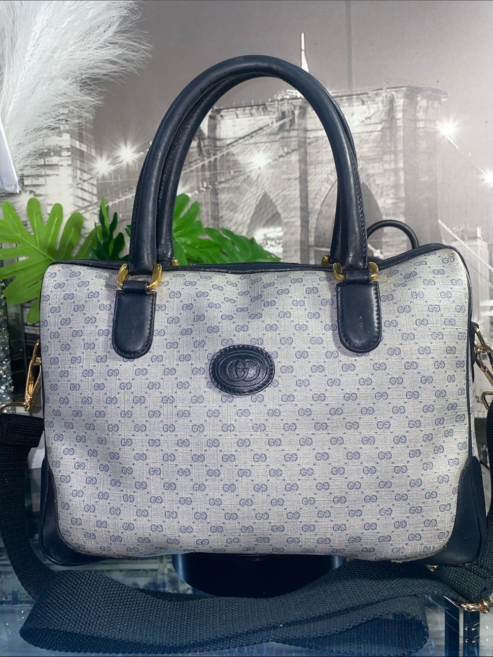 Authentic Rare Gucci Vintage Navy Micro GG Boston Bag
